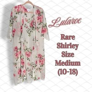 𝅺lularoe Rare off White Coral Pink Roses  Kimono Fits Sizes 10-18 (Med)Cover Up